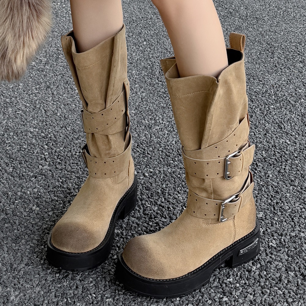 Women's Autumn Winter New Cow Suede 7.5CM Block Heel Hidden Wedge Retro Round Toe Platform Punk Style Buckle Half Boots 50830