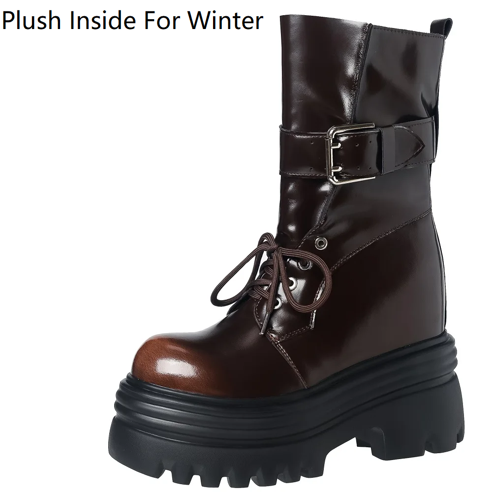 Women's Spring Autumn New Genuine Leather Round Toe Lace-Up Belt Buckle Knight Boots Platform 12 CM Height Increasing Ankle Boots 60313