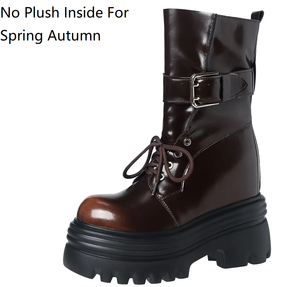 Women's Spring Autumn New Genuine Leather Round Toe Lace-Up Belt Buckle Knight Boots Platform 12 CM Height Increasing Ankle Boots 60313