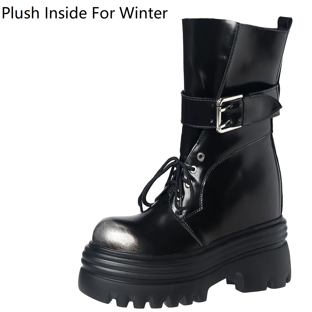 Women's Spring Autumn New Genuine Leather Round Toe Lace-Up Belt Buckle Knight Boots Platform 12 CM Height Increasing Ankle Boots 60313