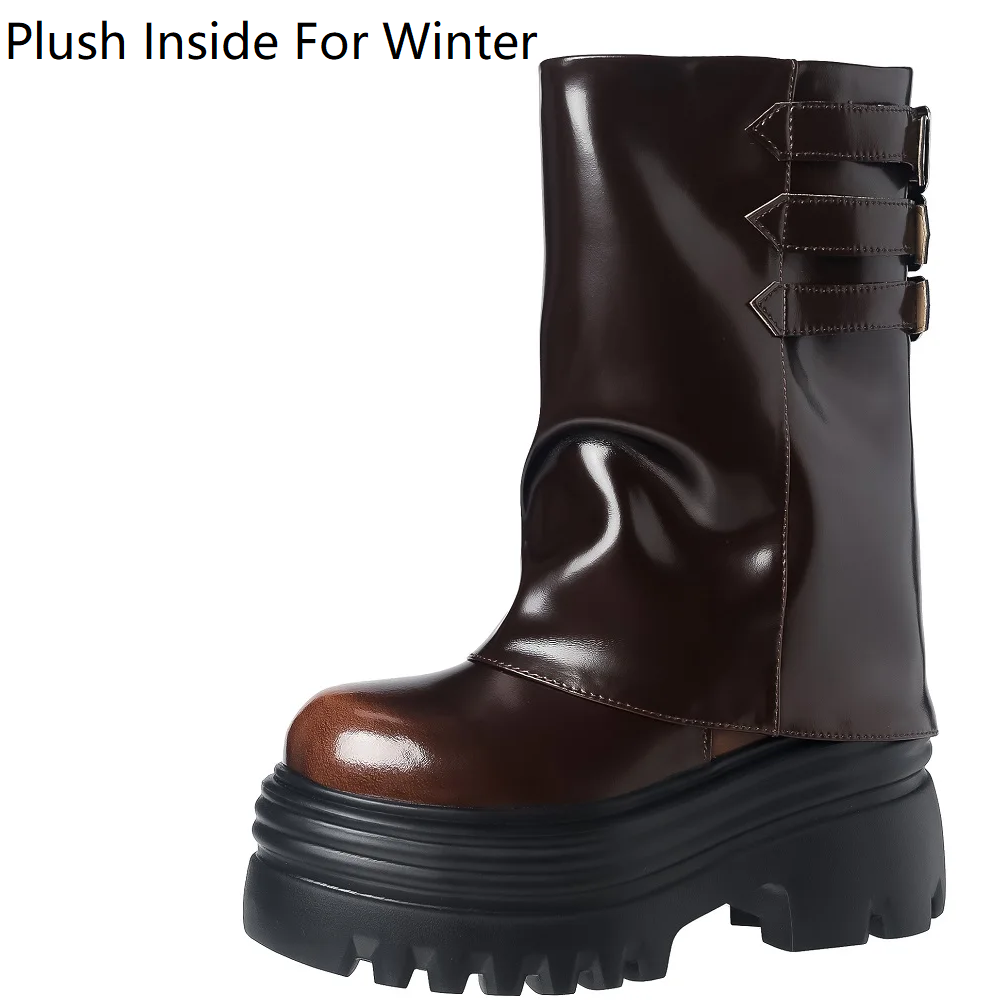 Women's Autumn Winter New Genuine Leather Belt Buckle 12CM Hidden Heel Round Toe Slip-On Platform Fashion Ankle Boots 50820