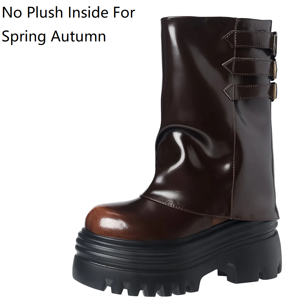 Women's Spring Autumn New Genuine Leather Belt Buckle 12 CM Height Increasing Winter Plush Round Toe Slip-On Platform Pleated Fashion Ankle Boots 60313