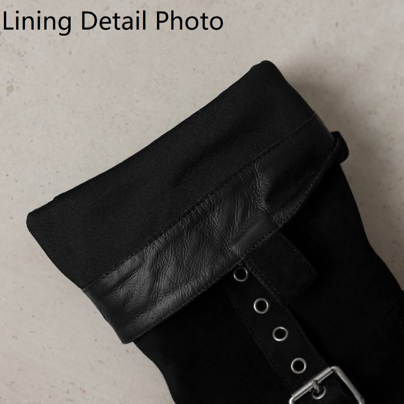 Women's Autumn New Suede Genuine Leather 5.5 CM Block Heel Pointed Toe Buckle Belt Slip On Folded Fashion Winter Plush Warm Concise Stacked Boots 60313