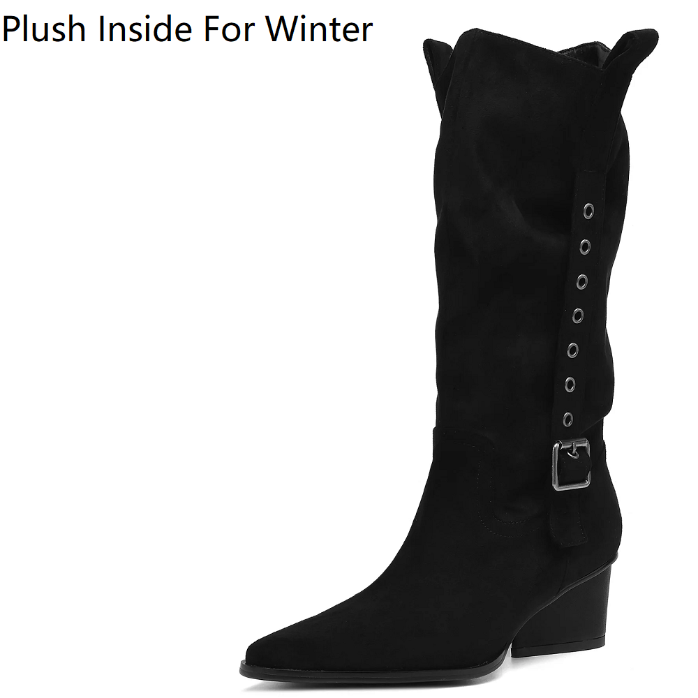 Women's Autumn New Suede Genuine Leather 5.5 CM Block Heel Pointed Toe Buckle Belt Slip On Folded Fashion Winter Plush Warm Concise Stacked Boots 60313