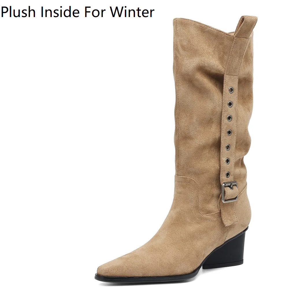 Women's Autumn New Suede Genuine Leather 5.5 CM Block Heel Pointed Toe Buckle Belt Slip On Folded Fashion Winter Plush Warm Concise Stacked Boots 60313