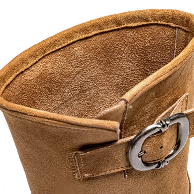 Women's Autumn Suede Genuine Leather Metal Buckle Slip On Knight Boots Retro Round Toe 12 CM Height Heel Casual Mid Calf Boots 60313
