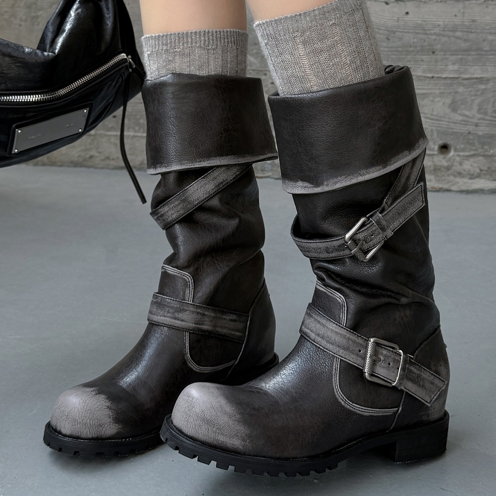 Women New Spring Autumn Burnished 4.8 CM Square Heel Inner Heightening Genuine Leather Fold Over Belt Buckle Winter Plush Warm Retro Round Toe Slouchy Boots 60314