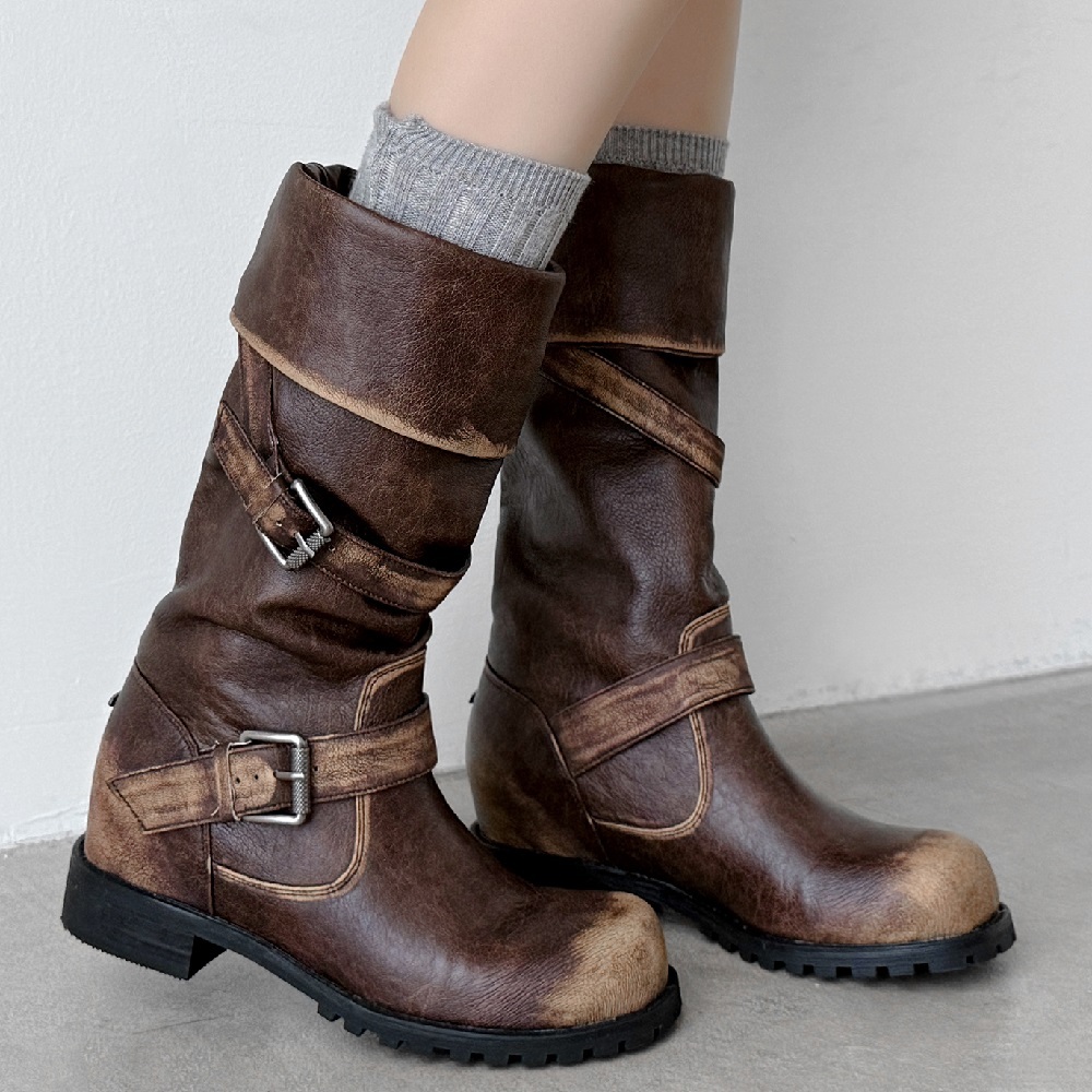 Women New Spring Autumn Burnished 4.8 CM Square Heel Inner Heightening Genuine Leather Fold Over Belt Buckle Winter Plush Warm Retro Round Toe Slouchy Boots 60314