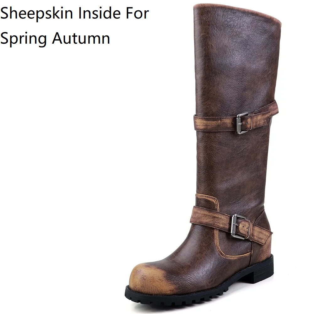 Women New Spring Autumn Burnished 4.8 CM Square Heel Inner Heightening Genuine Leather Fold Over Belt Buckle Winter Plush Warm Retro Round Toe Slouchy Boots 60314