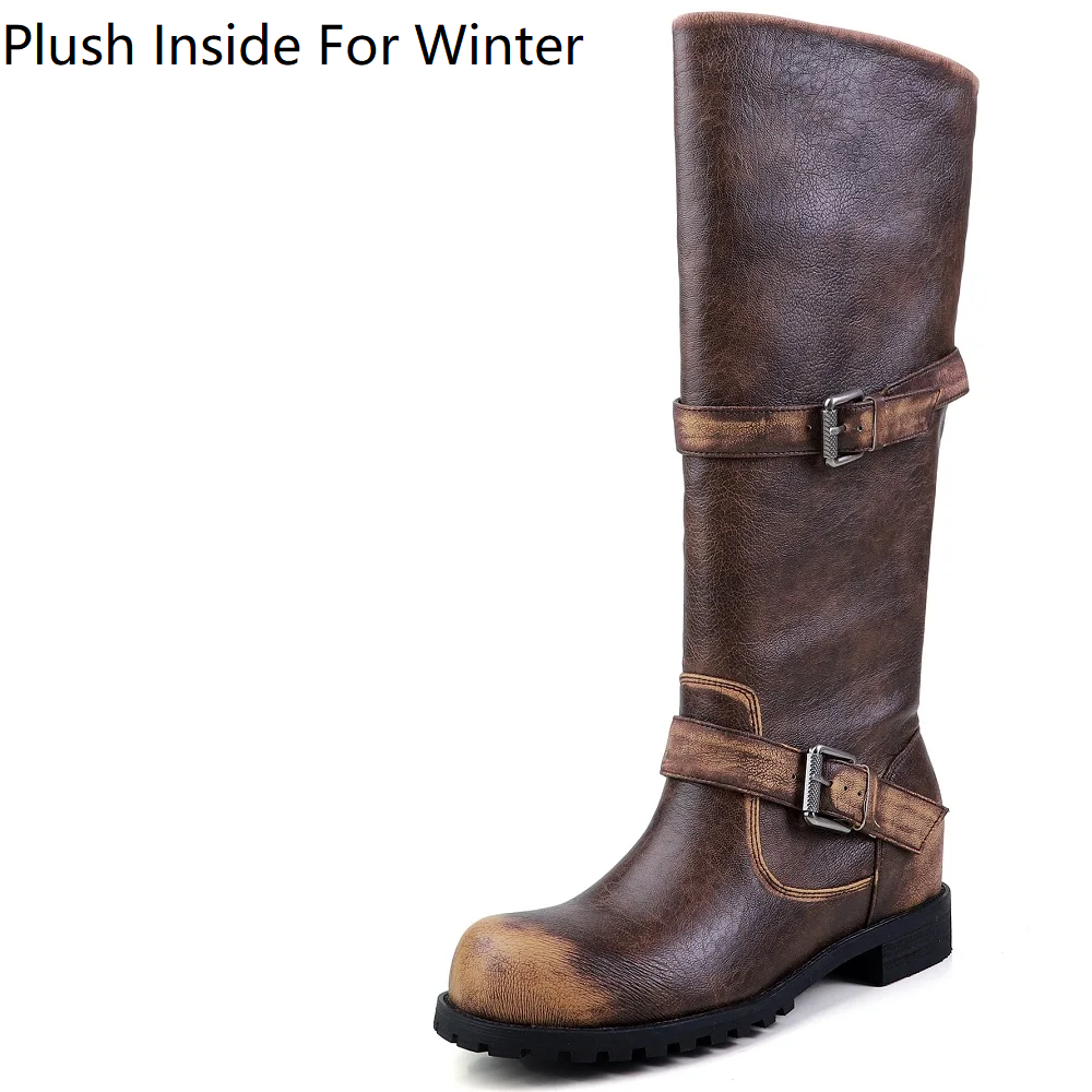 Women New Spring Autumn Burnished 4.8 CM Square Heel Inner Heightening Genuine Leather Fold Over Belt Buckle Winter Plush Warm Retro Round Toe Slouchy Boots 60314