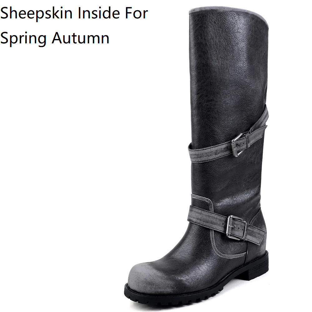 Women New Spring Autumn Burnished 4.8 CM Square Heel Inner Heightening Genuine Leather Fold Over Belt Buckle Winter Plush Warm Retro Round Toe Slouchy Boots 60314