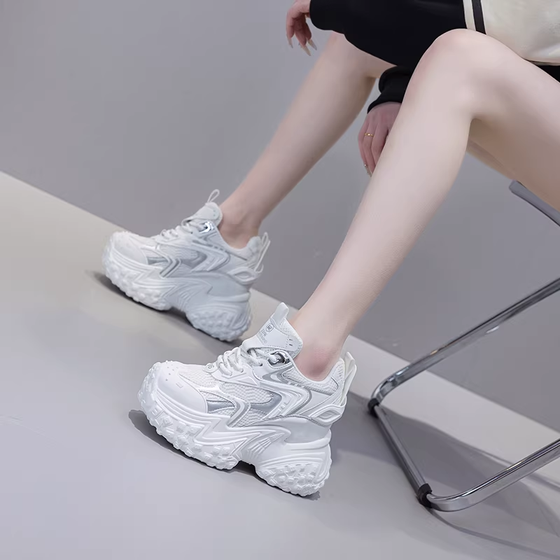 Spring Autumn Women New 13 CM Height Increasing Elevator Shoes Real Genuine Leather Color Block Lace Up Platform Wedge Sneakers 60314