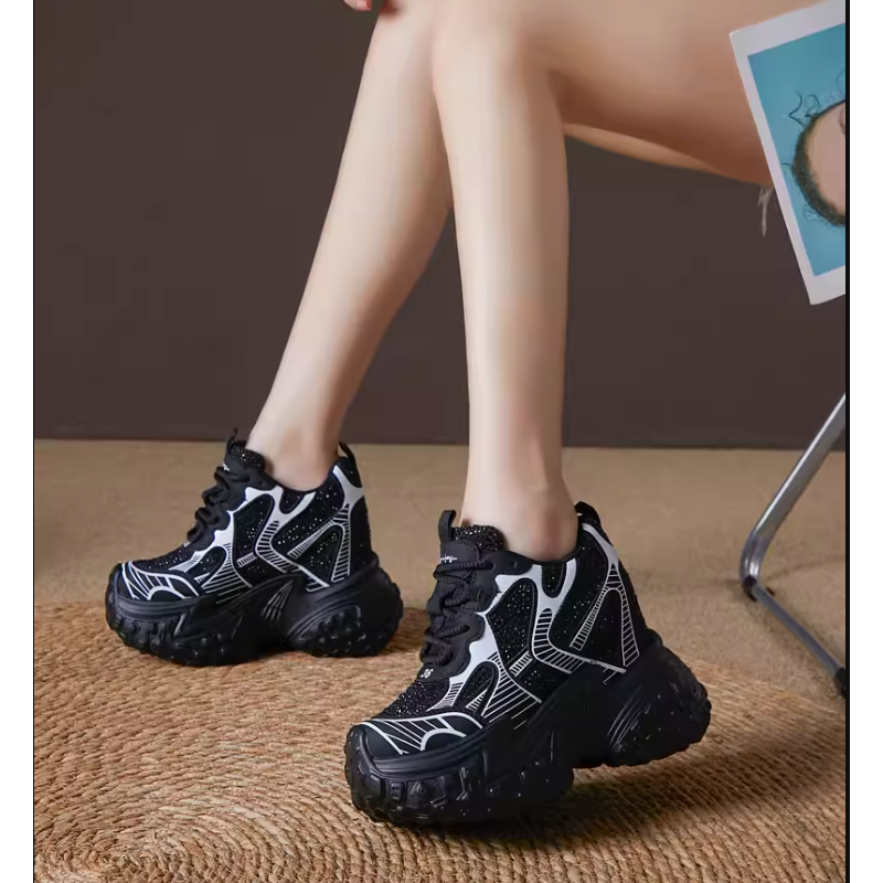 Ladies 12CM Heels Platform Thick Soled Real Leather Sneakers New Spring Autumn Style Crystals Color Block Casual Low Cut Shoes 60314