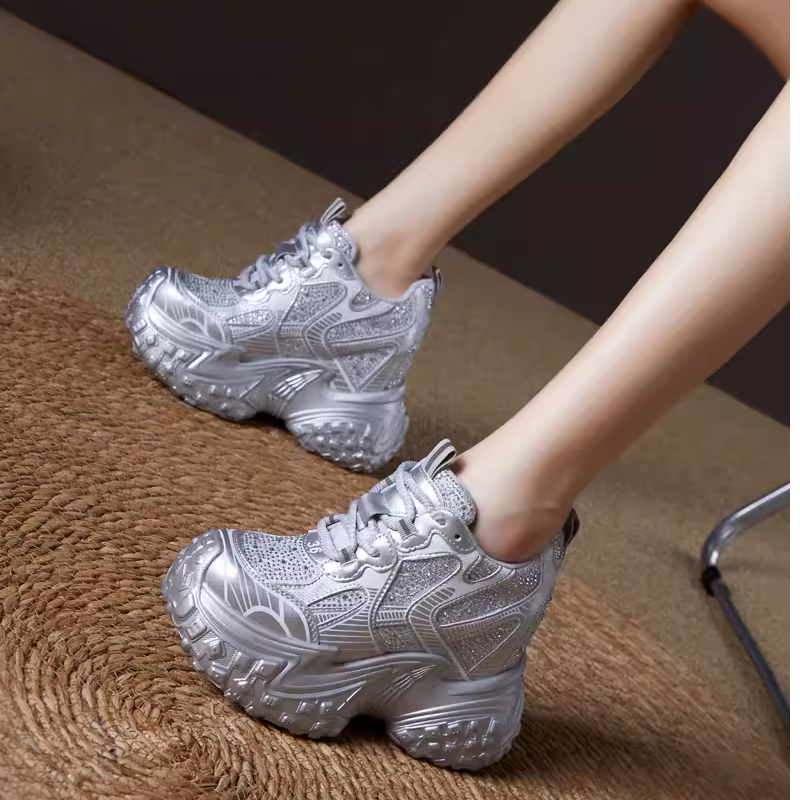 Ladies 12CM Heels Platform Thick Soled Real Leather Sneakers New Spring Autumn Style Crystals Color Block Casual Low Cut Shoes 60314