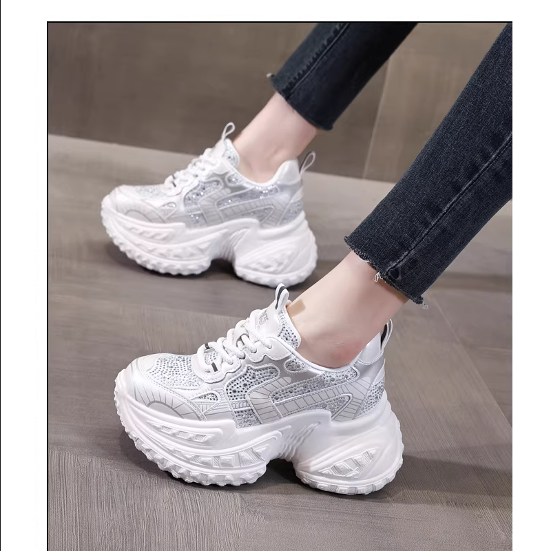 Ladies 12CM Heels Platform Thick Soled Real Leather Sneakers New Spring Autumn Style Crystals Color Block Casual Low Cut Shoes 60314