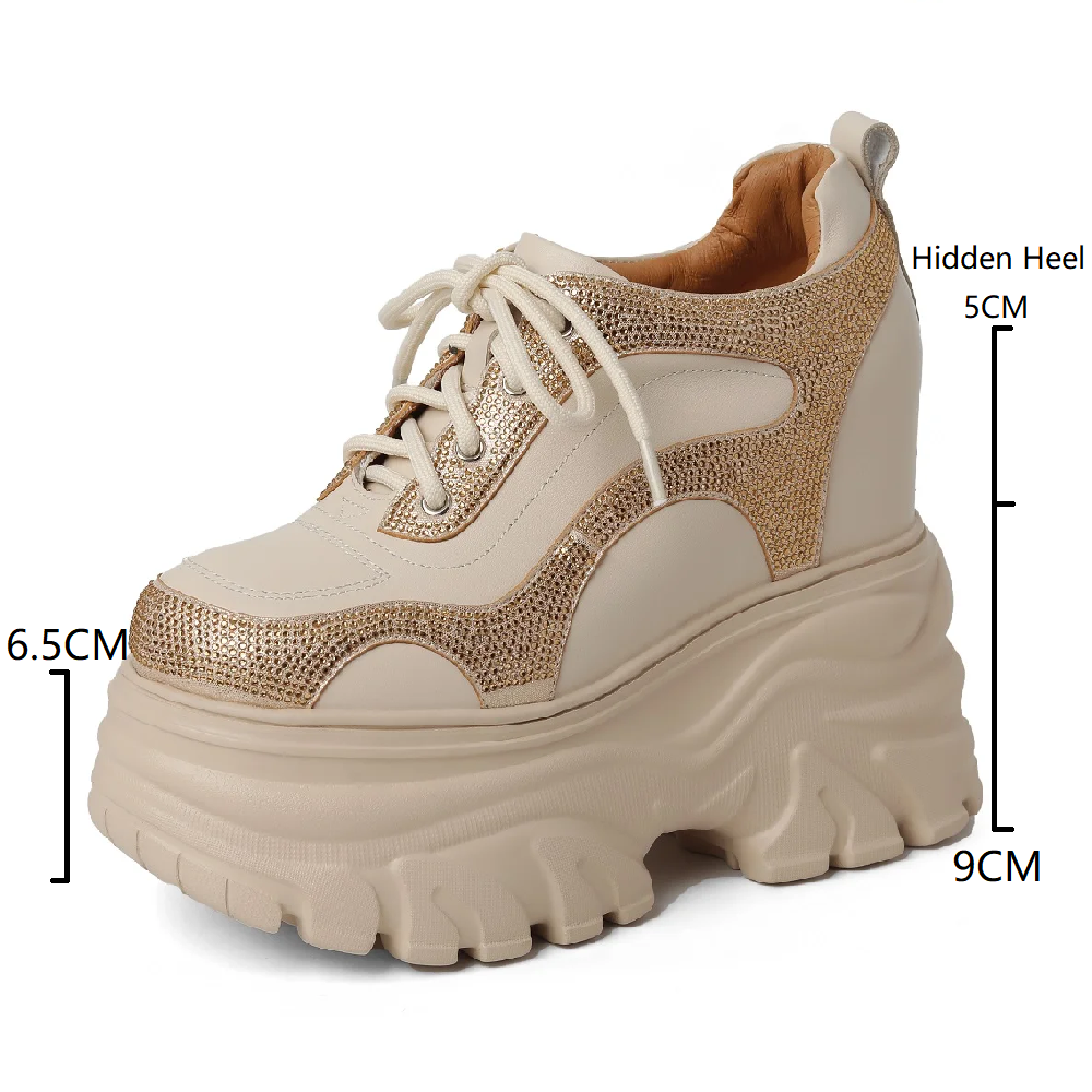 Women Modern Pumps British Style New Slim 14 CM Height Increasing Platform Crystal Genuine Leather Lace-Up Ladies Casual Sneakers 60314