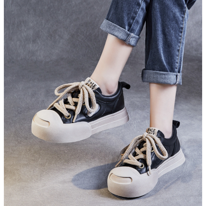 Spring Autumn New Korean Style Leisure Chunky Bottom Platform Lace-Up Genuine Leather Women Casual Board Shoes Ladies Flats 60314