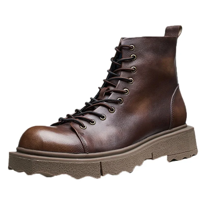 Spring Autumn New British Style Retro Chunky Bottom Sewing Platform Cross-tied Genuine Leather Men Ankle Short Work Safety Boots 60314