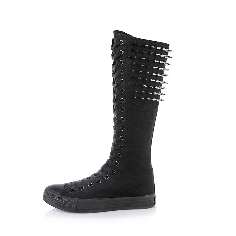 Spring Autumn New Korean Style Slim Flat Sole Rivets Plus Size 42 43 Canvas Women Knee-High Cross Tied Long Boots Ladies Dance Shoes 60314