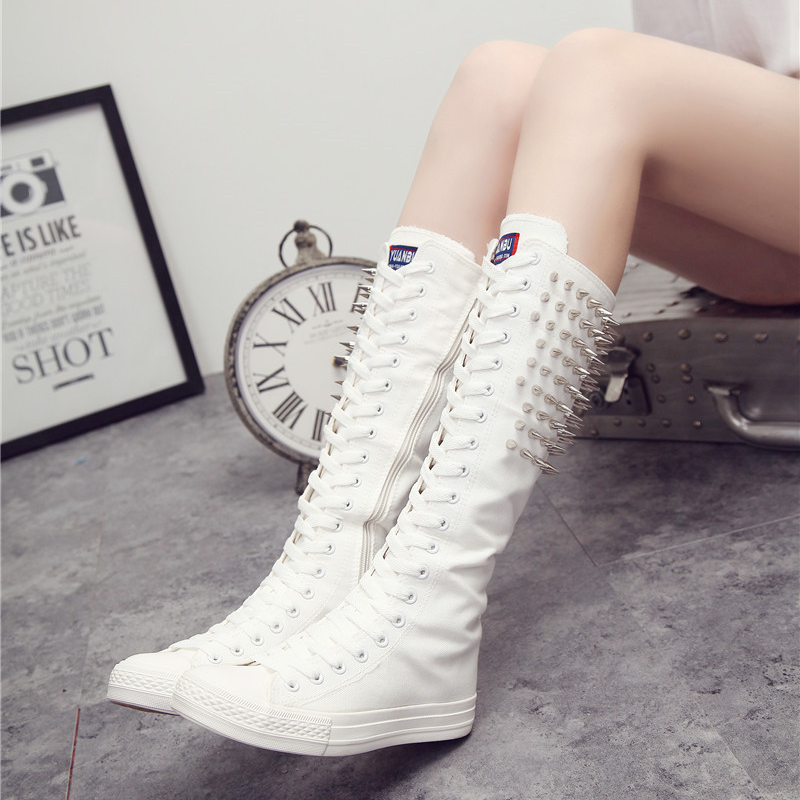 Spring Autumn New Korean Style Slim Flat Sole Rivets Plus Size 42 43 Canvas Women Knee-High Cross Tied Long Boots Ladies Dance Shoes 60314
