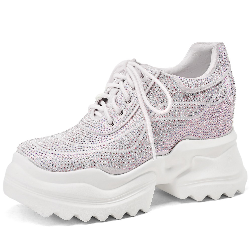 Spring Autumn New Korean Style Sexy Height Increasing Platform Cross-tied Crystal Genuine Leather Women Casual Shoes Sneakers 60314