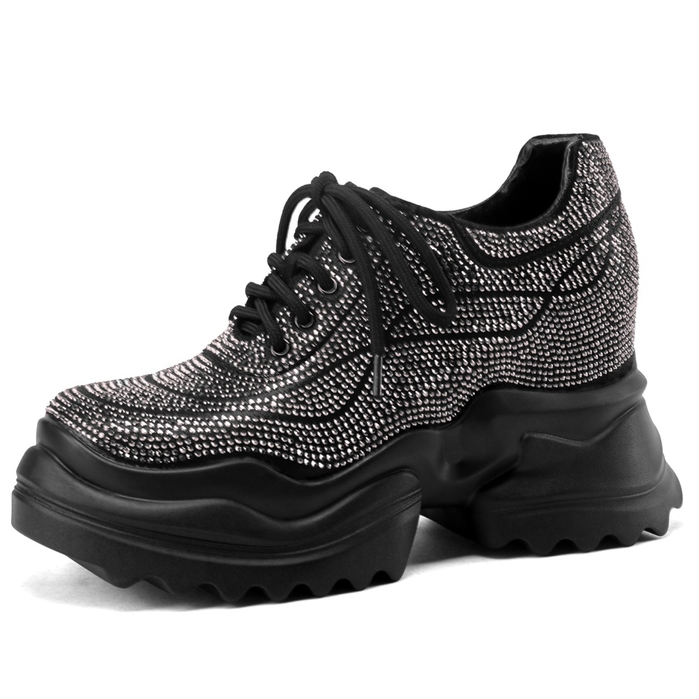Spring Autumn New Korean Style Sexy Height Increasing Platform Cross-tied Crystal Genuine Leather Women Casual Shoes Sneakers 60314