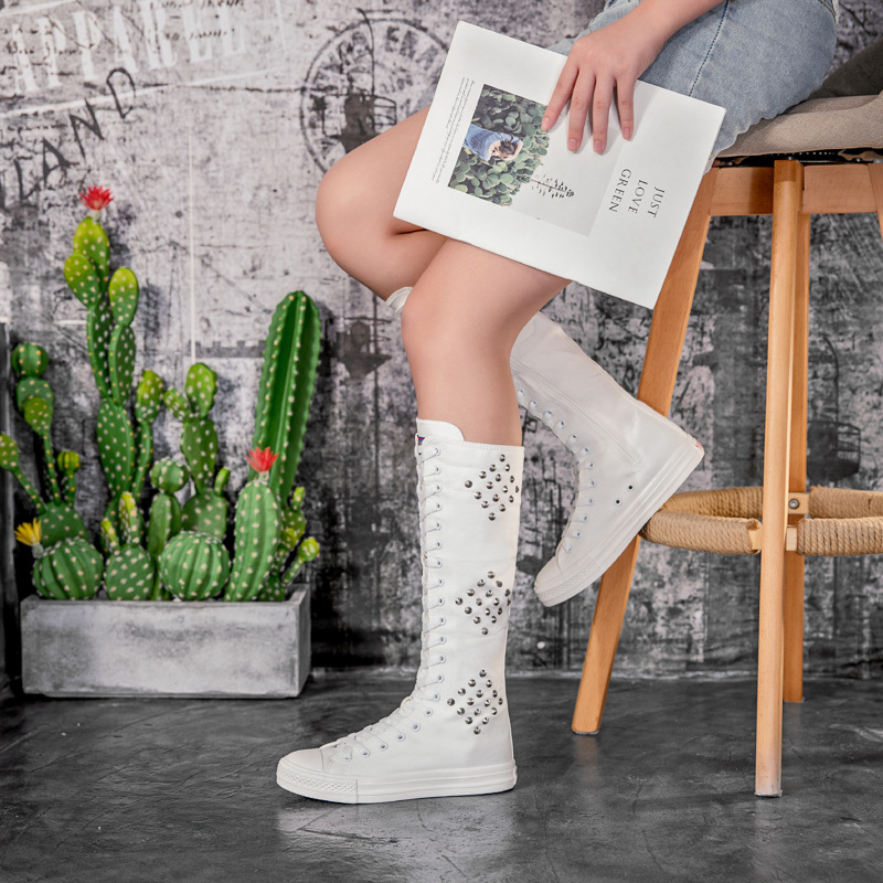 Women Sneakers Punk Style Slim Flat Heels Cross-tied Rivet Plus Size 42 43 Canvas Ladies Knee High Long Riding Knight Boots 60316