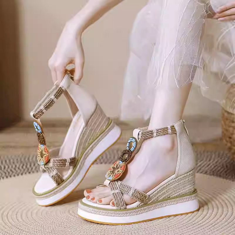 Women's Summer New Slim 8.5 CM Wedge Heel Platform Open Toe Cross Straps Woven Beaded Zipper Cut Out Bohemian Gladiator Fashion Sandals 60316
