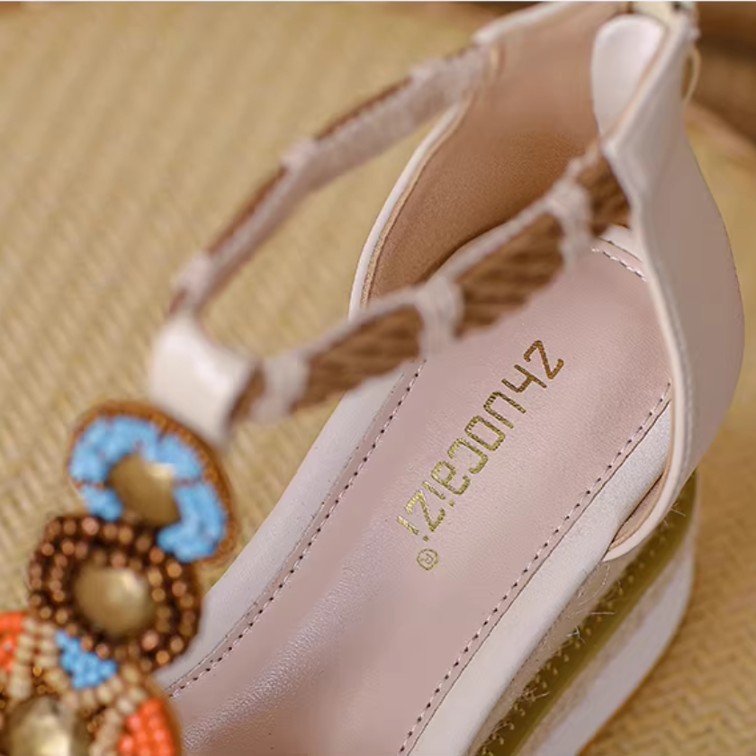 Women's Summer New Slim 8.5 CM Wedge Heel Platform Open Toe Cross Straps Woven Beaded Zipper Cut Out Bohemian Gladiator Fashion Sandals 60316