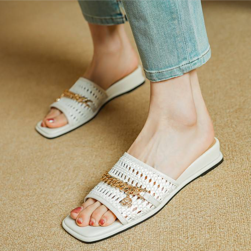 Women's Summer New Slim 3 CM Wedge Woven Cut Out Metal Chain Open Toe Genuine Leather Square Toe Handmade French Fashion Slippers 60316