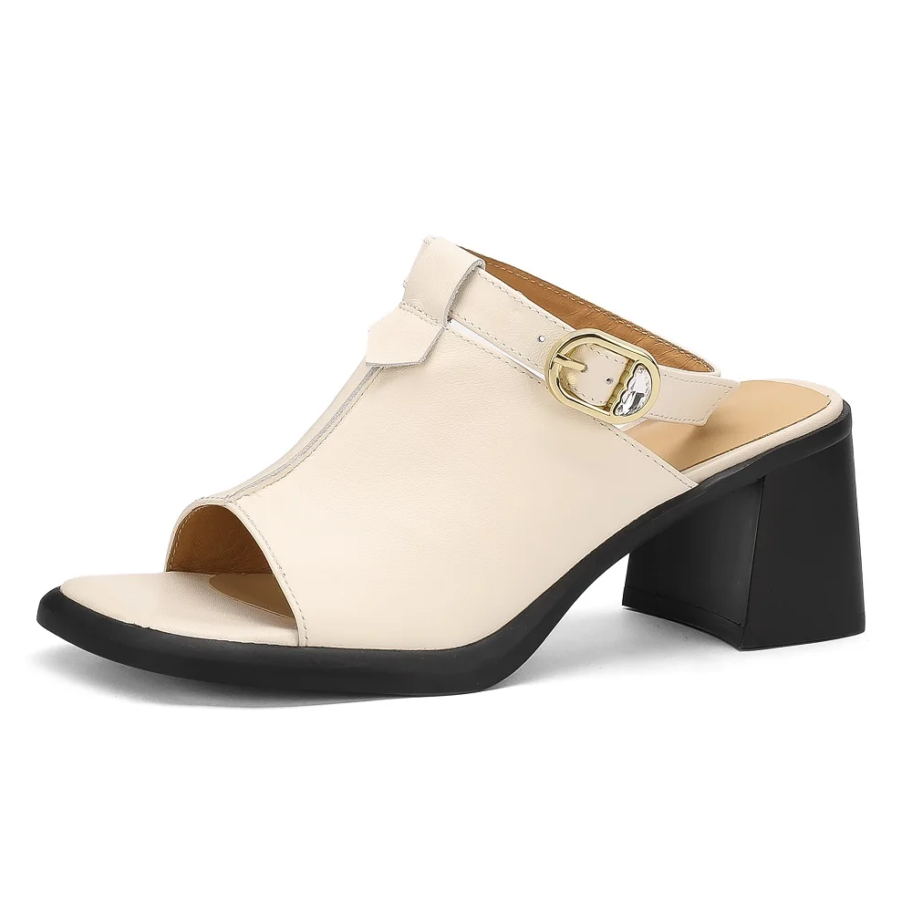 Women Summer New Slim Fit 5.5 CM Chunky Heel Solid Color Genuine Leather Peep-Toe Ankle Strap Open Back Gladiator Sandals 60316