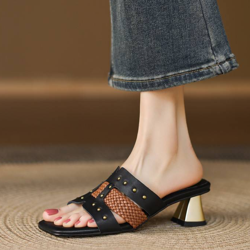 Women's Summer Fashion 4.5 CM Heel Slim Fit Genuine Leather Color Block French Square Toe Open Toe Black Woven Rivets Cut Out Casual Slippers 60316