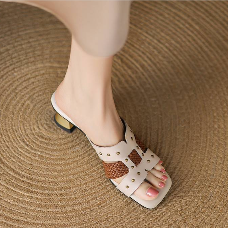 Women's Summer Fashion 4.5 CM Heel Slim Fit Genuine Leather Color Block French Square Toe Open Toe Black Woven Rivets Cut Out Casual Slippers 60316