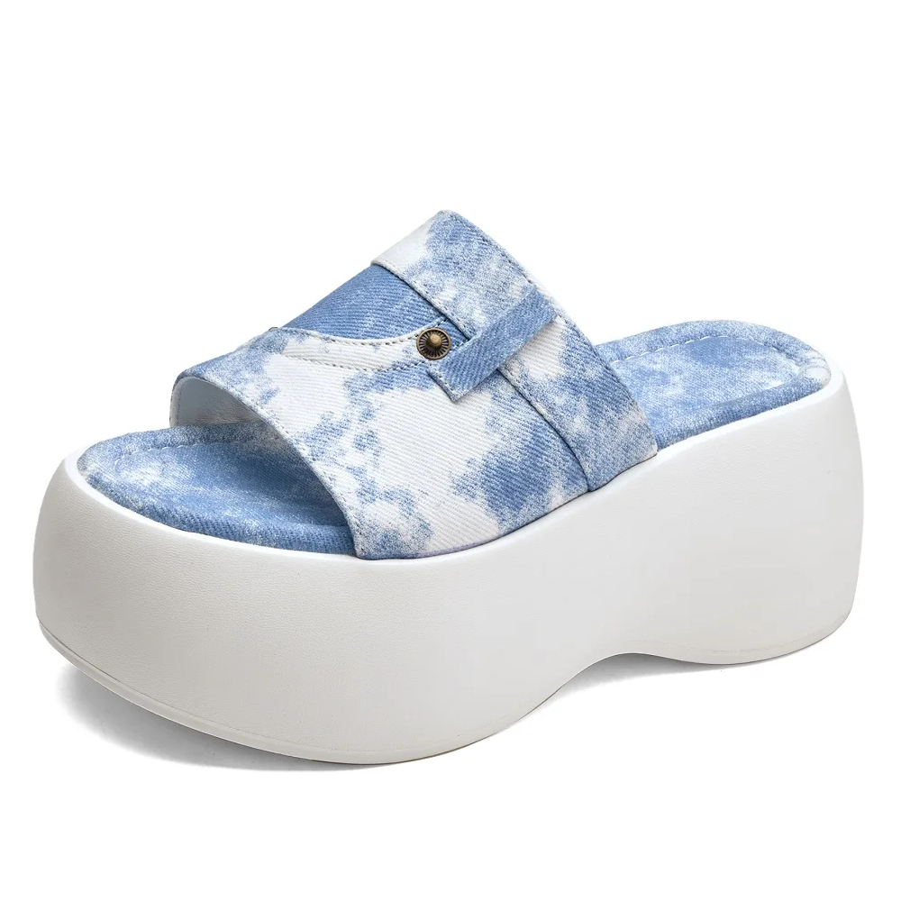 Women's Summer New Fashion Slim 8 CM Thick Sole Color-Blocked Fabric Platform Open-Toe Slingbacks Slip On Concise Slides 60316