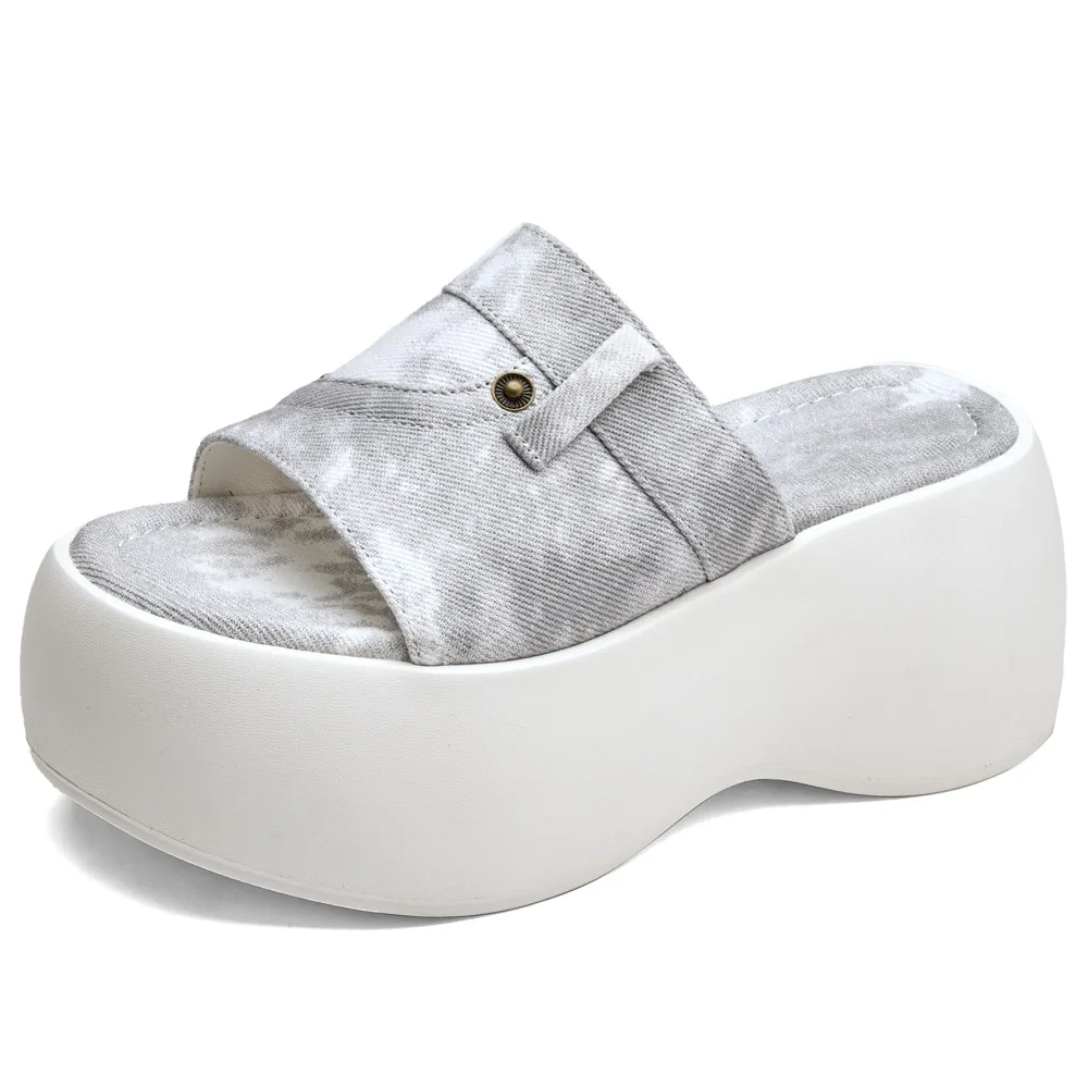 Women's Summer New Fashion Slim 8 CM Thick Sole Color-Blocked Fabric Platform Open-Toe Slingbacks Slip On Concise Slides 50613