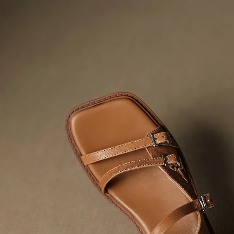 Women's Summer New Slim 4.5 CM Block Heel Genuine Leather Strap Buckle Cut Out Narrow Band French Square Toe Gladiator Retro Sandals 60316