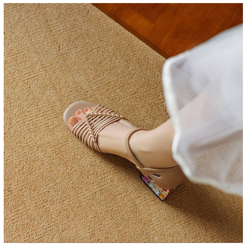 Women's Summer Genuine Leather Slim 5.5 CM Block Heel Cut Out Woven Square Toe Narrow Band Colorful Rhinestones Low Cut Strap Buckle Sandals 60316