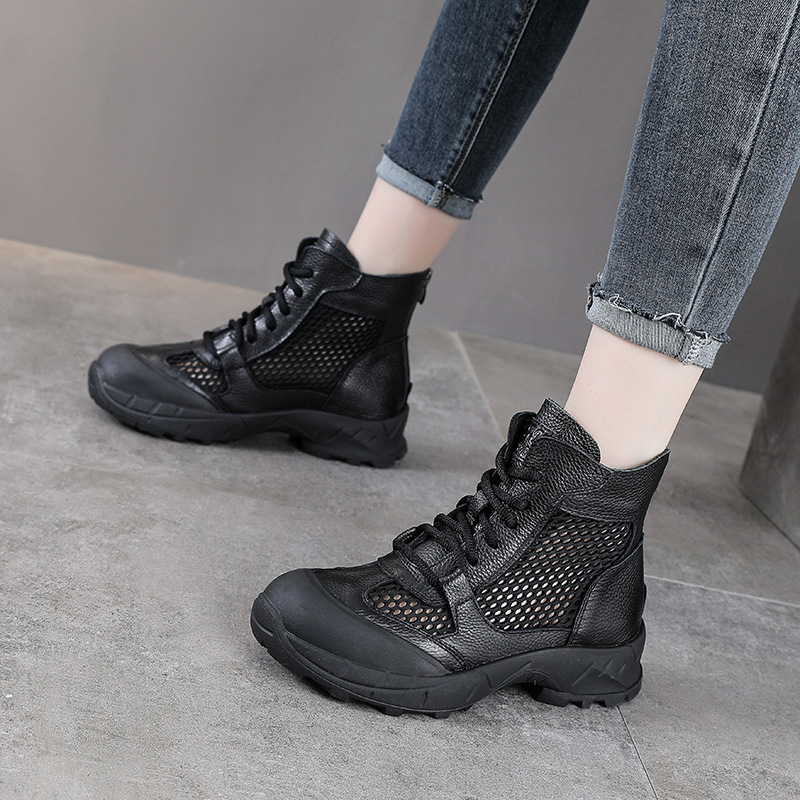 Women's Spring Summer New Slim 4CM Genuine Leather Thick Sole Hollow-Out Lace-Up Solid Color Flats Concise Ankle Boots 50703