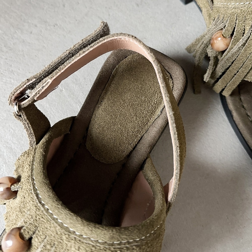 Women's Summer New 3 CM Square Heel Suede Flip Flop Square Toe Hook & Loop Fringe Bead Backless Bohemian Gladiator Sandals 60316