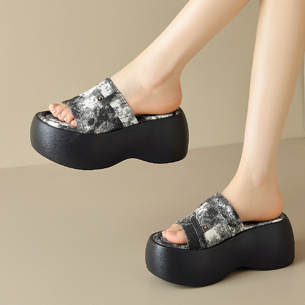 Women's Summer New Fashion Slim 8 CM Thick Sole Color-Blocked Fabric Platform Open-Toe Slingbacks Slip On Concise Slides 60316