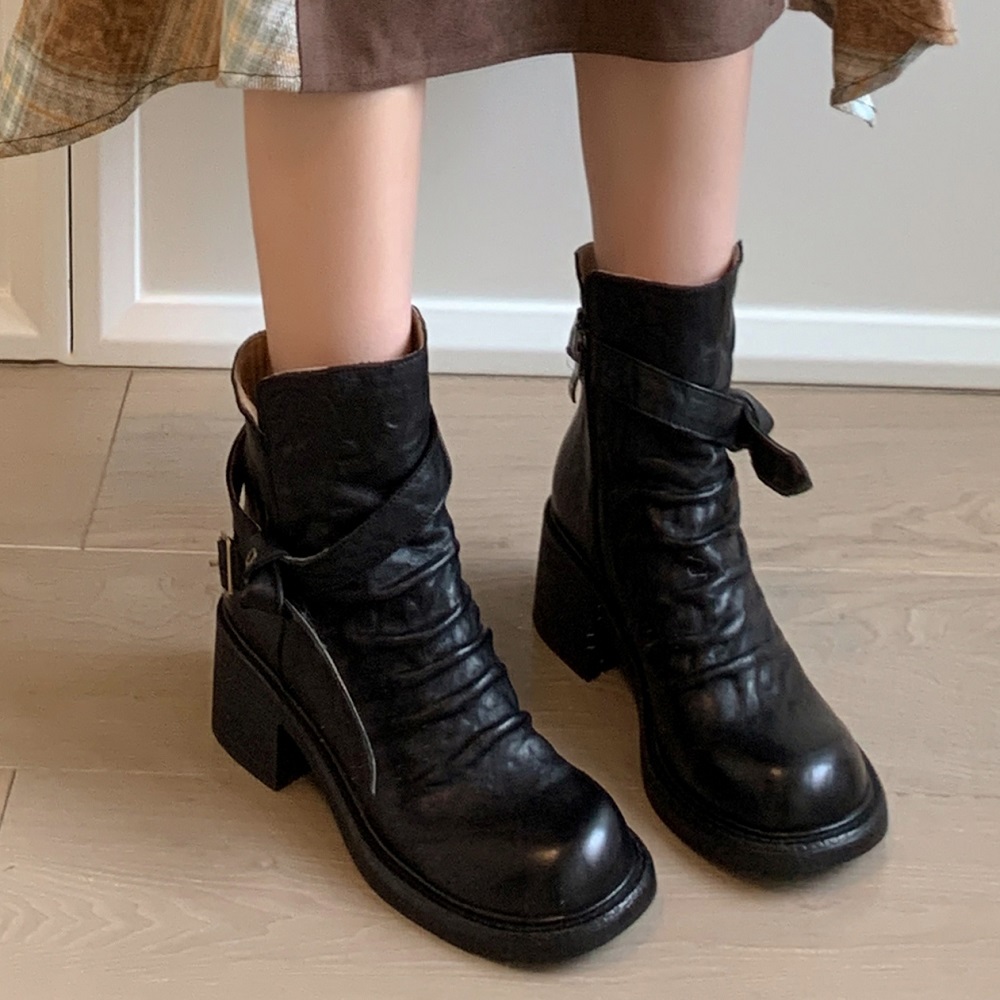 Women's New Spring Autumn Genuine Leather 8 CM Block Heel Solid Color Belt Buckle Side Zipper Pleated Round Toe Fashion Ankle Boots 60317