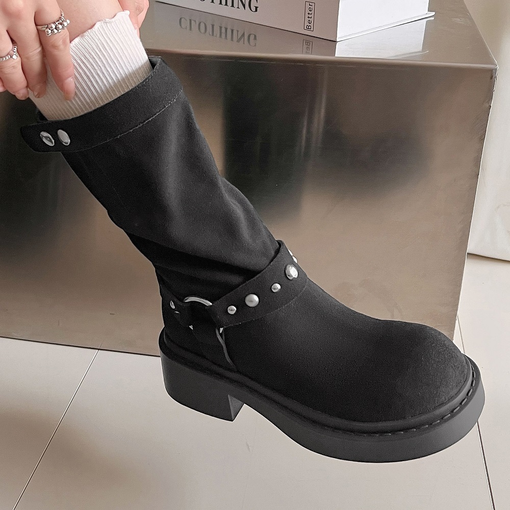 Women's Summer Autumn Winter Genuine Leather Retro Metal Buckle 5.5 CM Chunky Heel Knight Boots Slip-On Round Toe Slim Stacked Boots 60317