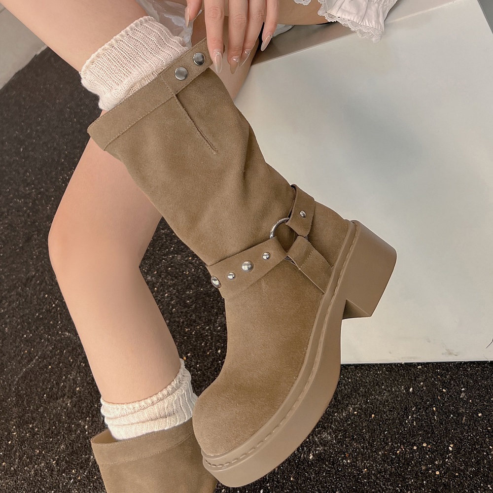 Women's Summer Autumn Winter Genuine Leather Retro Metal Buckle 5.5 CM Chunky Heel Knight Boots Slip-On Round Toe Slim Stacked Boots 60317