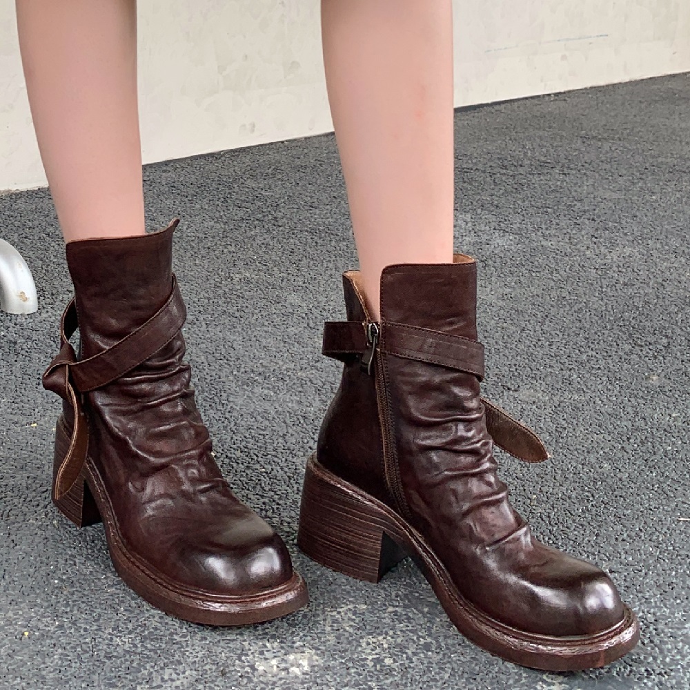 Women's New Spring Autumn Genuine Leather 8 CM Block Heel Solid Color Belt Buckle Side Zipper Pleated Round Toe Fashion Ankle Boots 60317