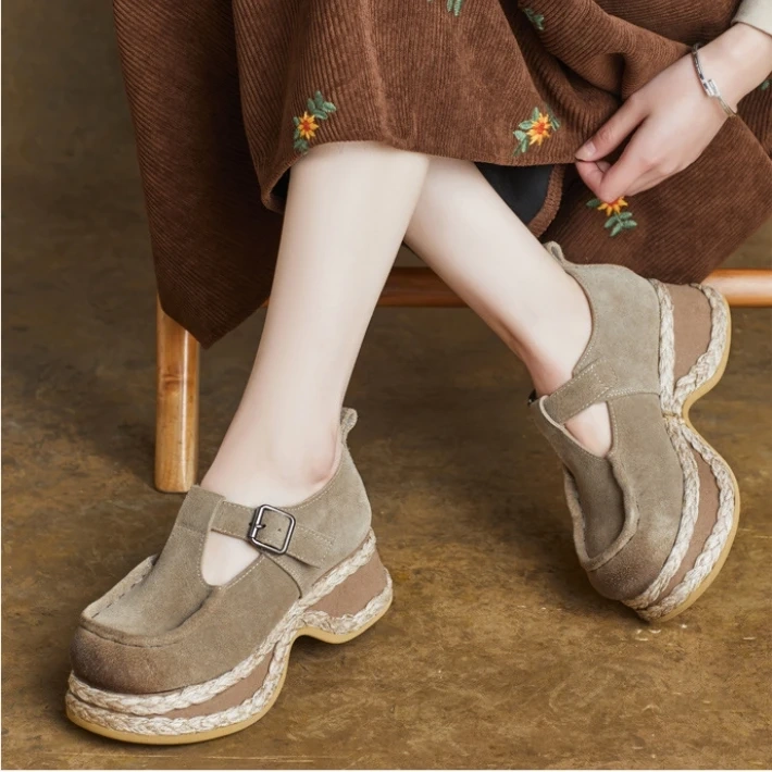 Women's Spring/Autumn New 4.5cm Chunky Heel Genuine Leather Buckle Espadrille British Style Wedge Platform Stitched Shoes 50707