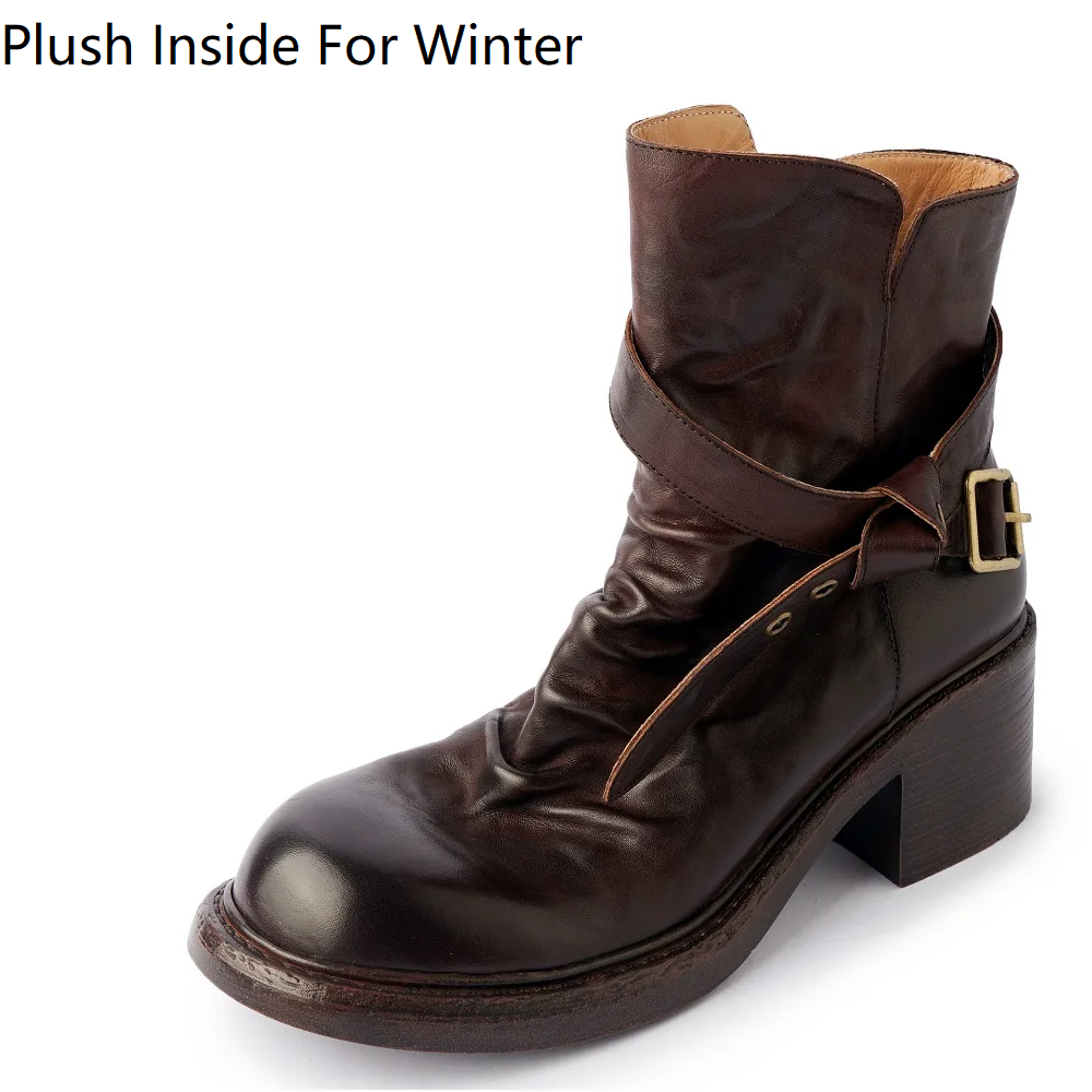 Women's New Spring Autumn Genuine Leather 8CM Block Heel Solid Color Belt Buckle Side Zip Round Toe Fashion Ankle Boots 50724