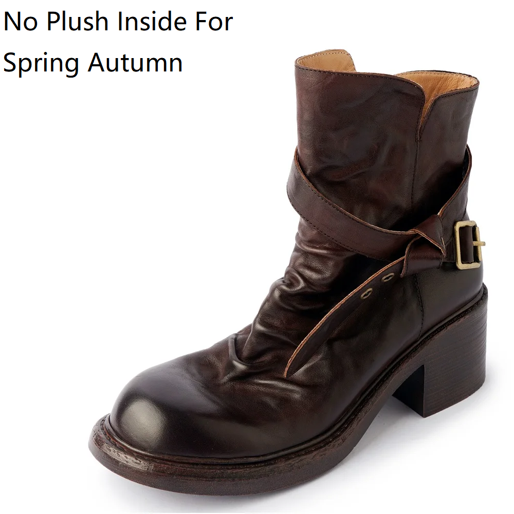 Women's New Spring Autumn Genuine Leather 8 CM Block Heel Solid Color Belt Buckle Side Zipper Pleated Round Toe Fashion Ankle Boots 60317