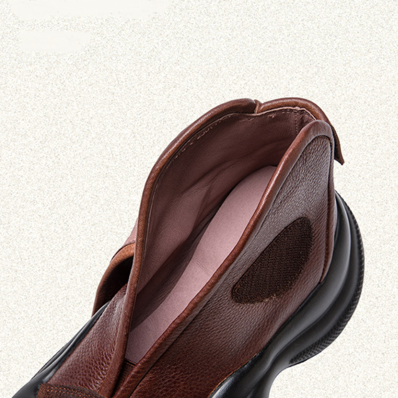 Women's Spring Summer Slim Fit 5.5 CM Thick Sole Round-Toe Cut Out Genuine Leather Solid Color Slip-On Hook & Loop Straps Shoes 60317