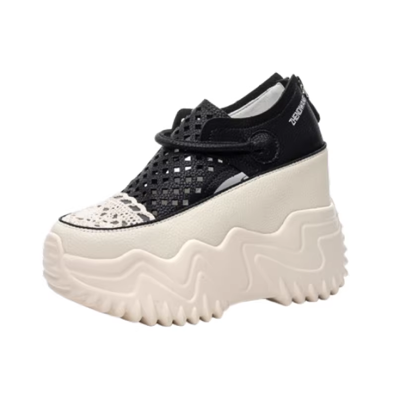 Women's Summer New Fashion Slim 12 CM Hidden Heel Genuine Leather & Mesh Breathable Cut Out Zipper Comfort Casual Gladiator Shoes 60317