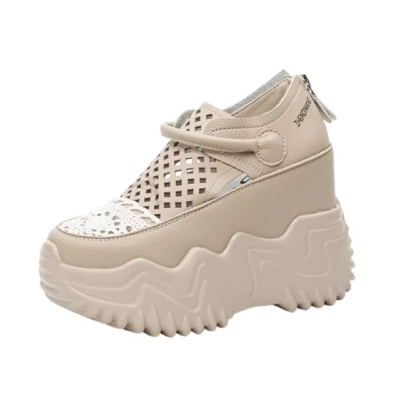 Women's Summer New Fashion Slim 12 CM Hidden Heel Genuine Leather & Mesh Breathable Cut Out Zipper Comfort Casual Gladiator Shoes 60317